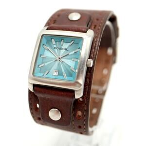 Vintage Fossil Y2K Blue Square 26mm Date Dial Watch Brown Leather w New Battery
